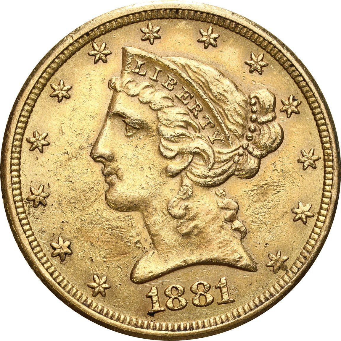 USA. Złote 5 $ dolarów 1881 Filadelfia